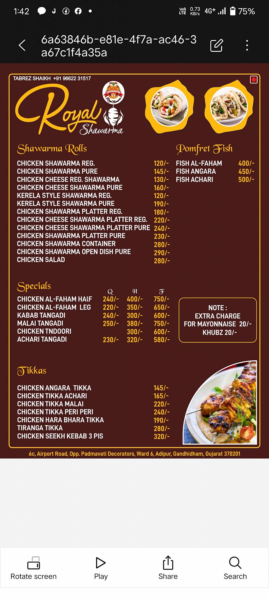 ROYAL SHAWRMA menu