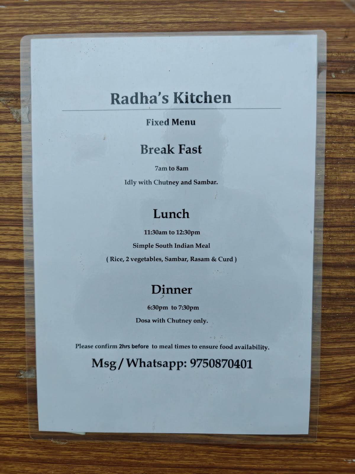 Radha's Kitchen menu