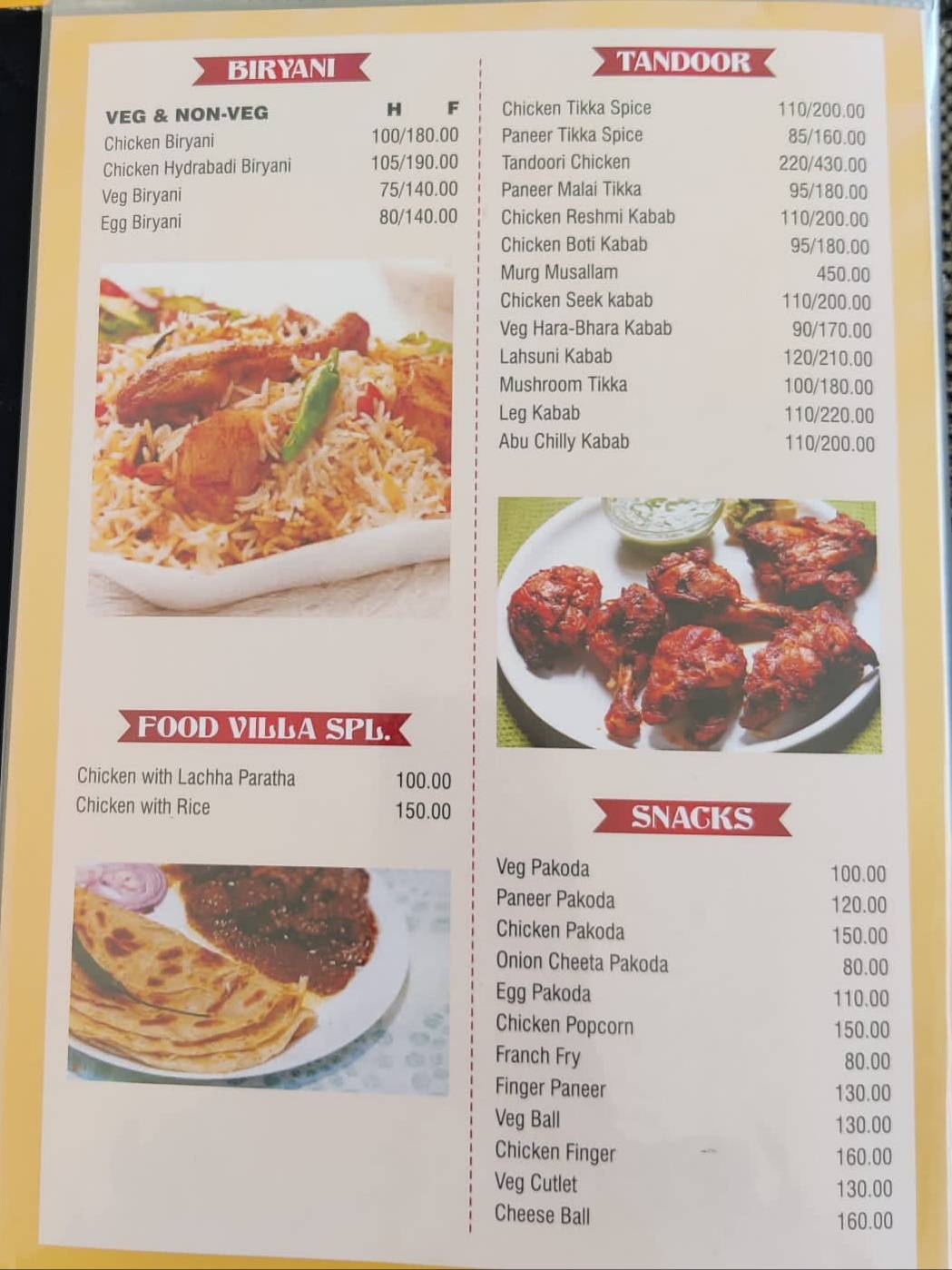 Food Villa Restaurant menu