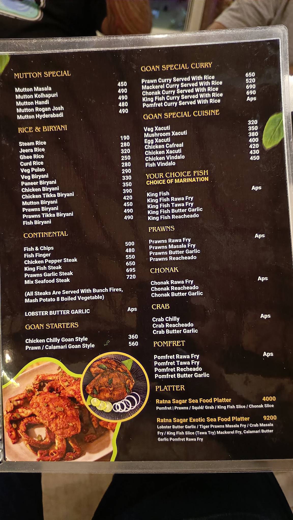 Ratna Sagar Family Restaurant & Bar (Calangute) menu