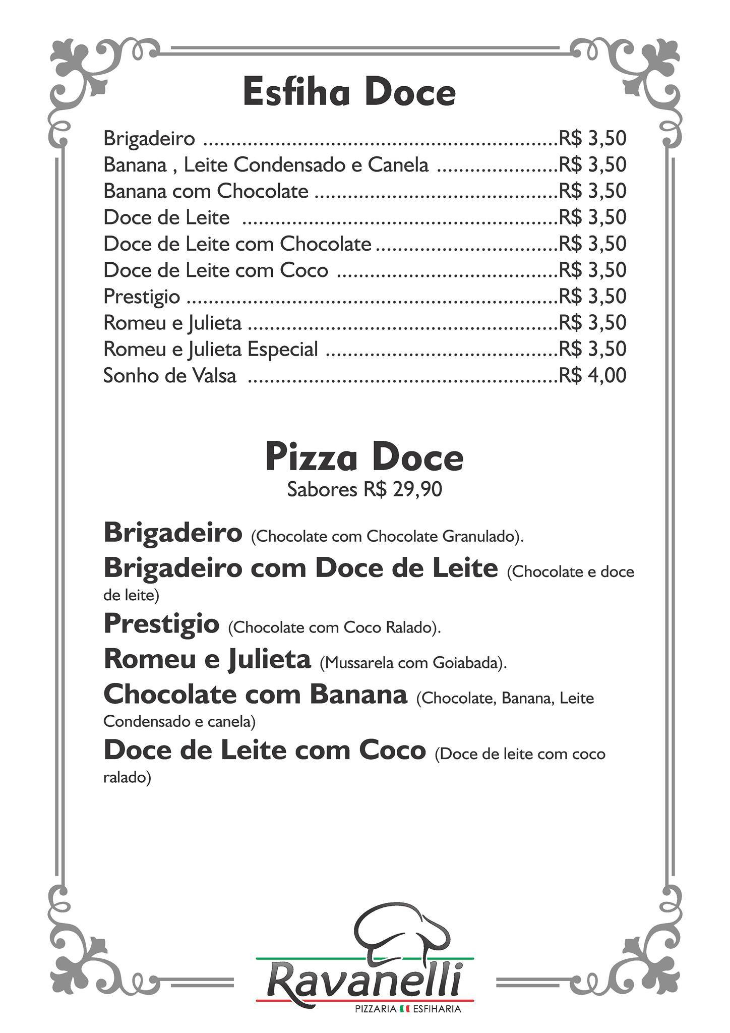 Ravanelli Pizzaria Tremembé SP cardápio