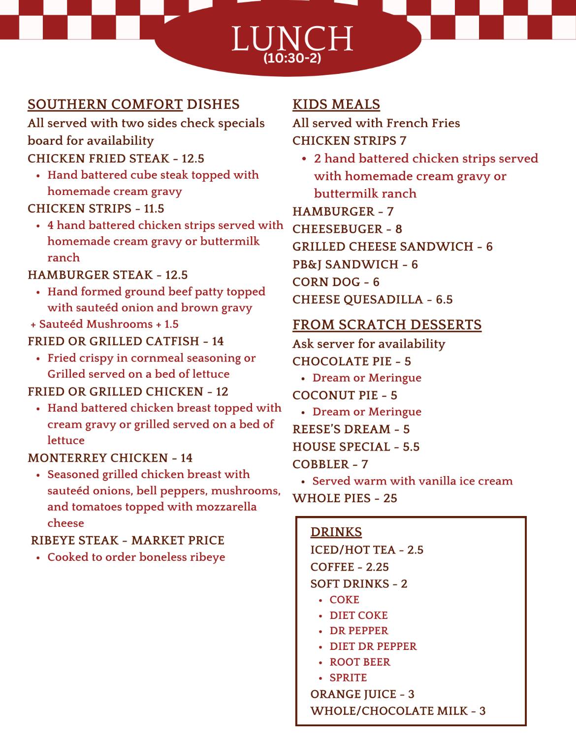 Menu at Red Bird Kitchen restaurant, Edom