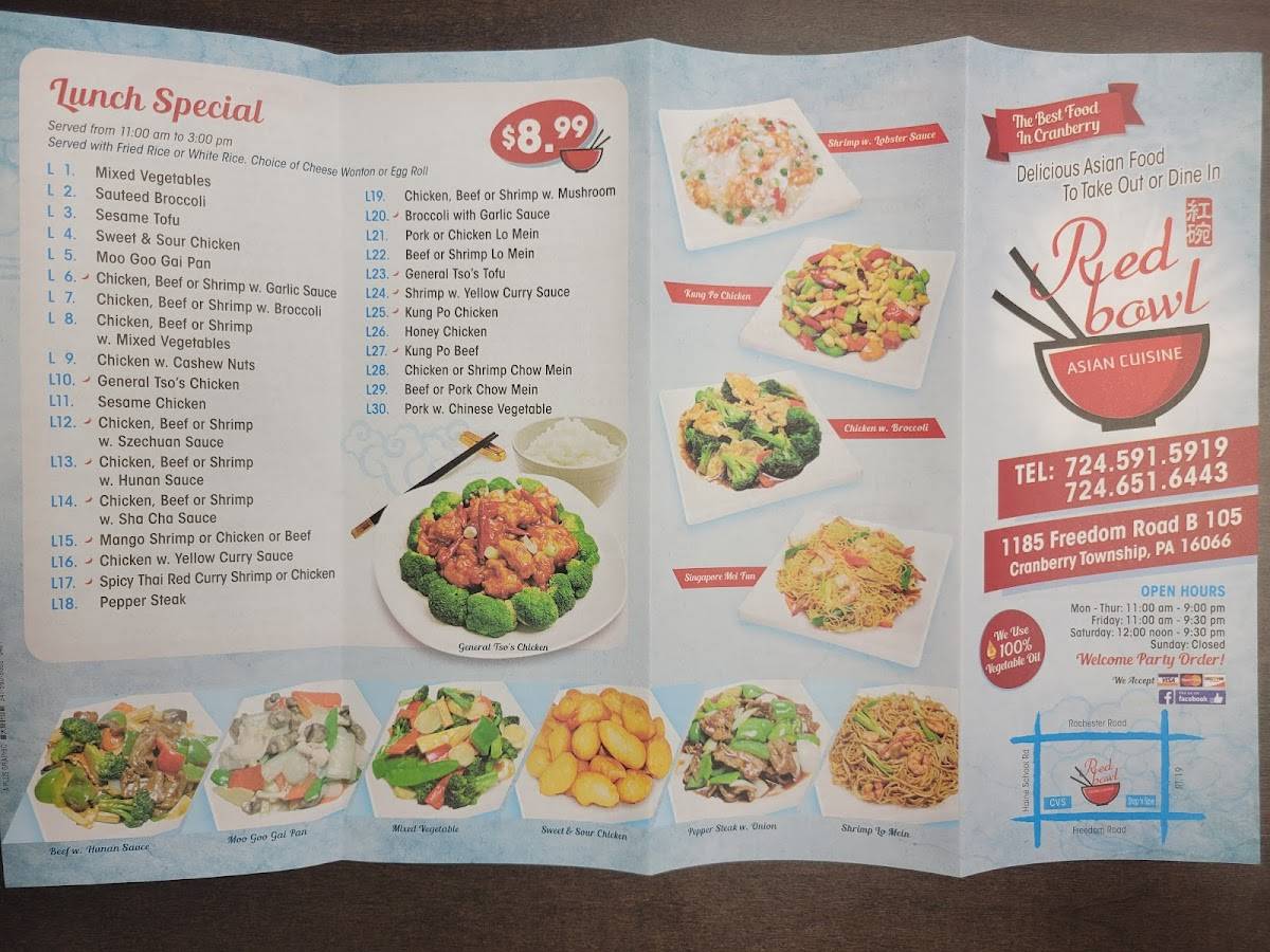 Menu at Red Bowl China restaurant, Cranberry Township