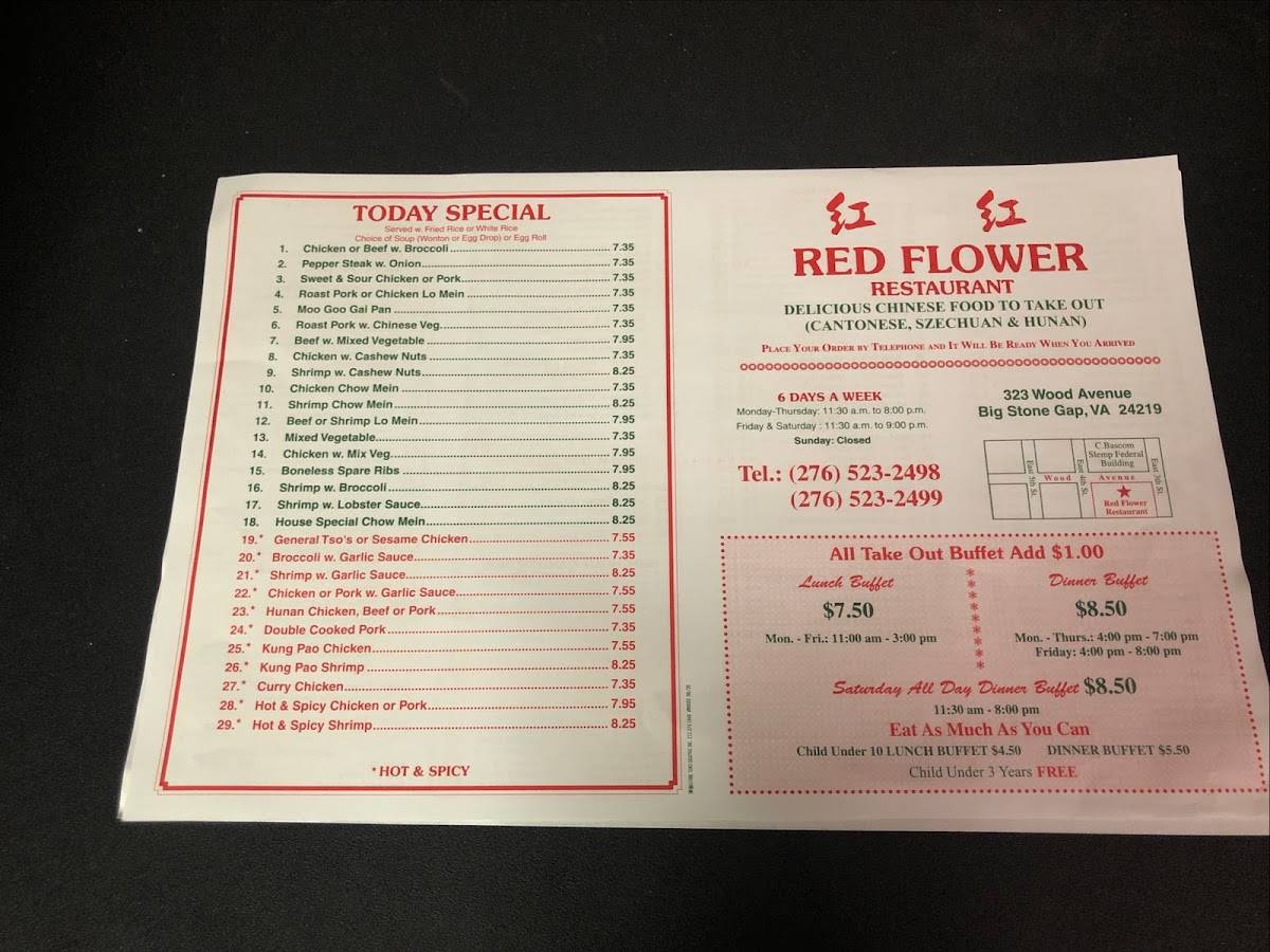 Menu at Red Flower restaurant, Big Stone Gap