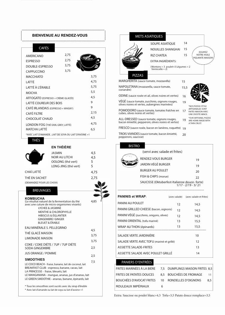 Menu au Rendez Vous Café, Cowansville