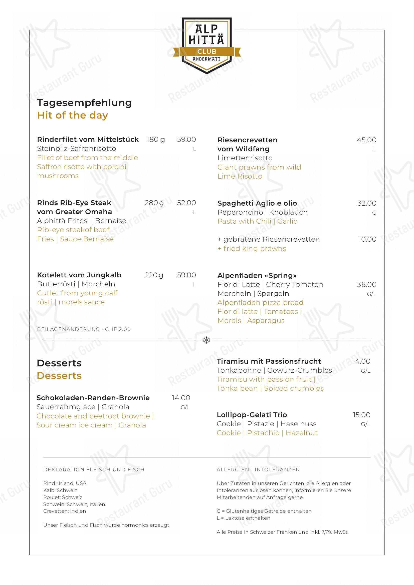 Restaurant Alp-Hittä in Andermatt - 菜单