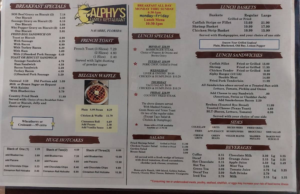 Menu at Alphy's Restaurant & Catering, Navarre