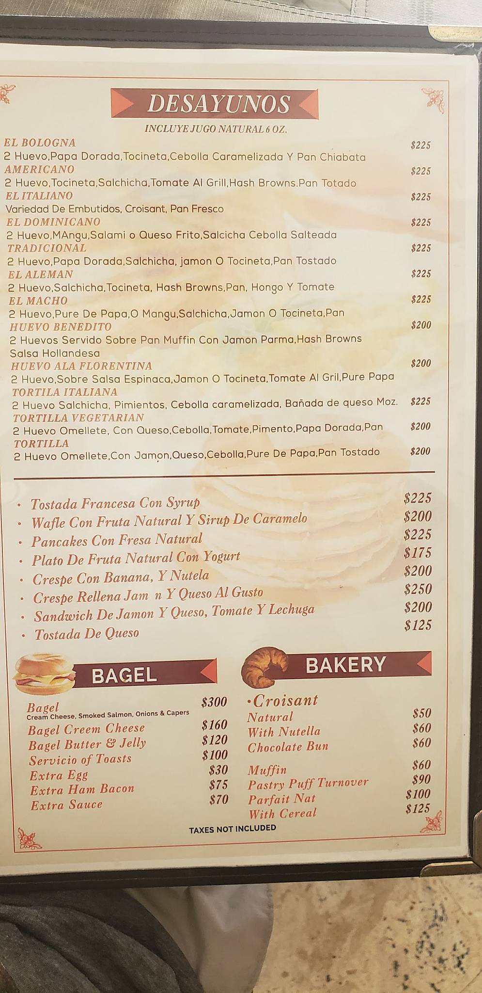 Menu at Bologna restaurant, Sosúa