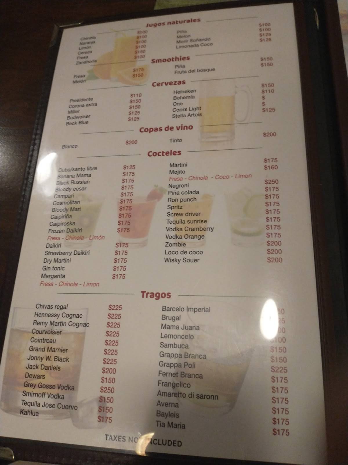 Menu at Bologna restaurant, Sosúa
