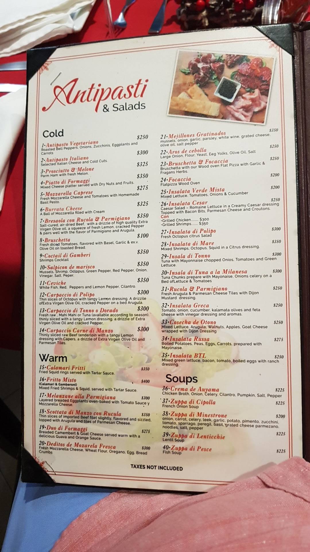 Menu at Bologna restaurant, Sosúa