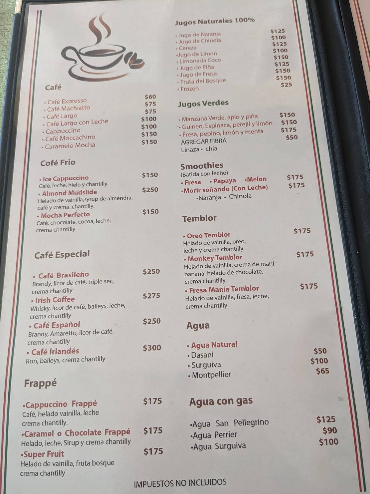 Menu at Bologna restaurant, Sosúa