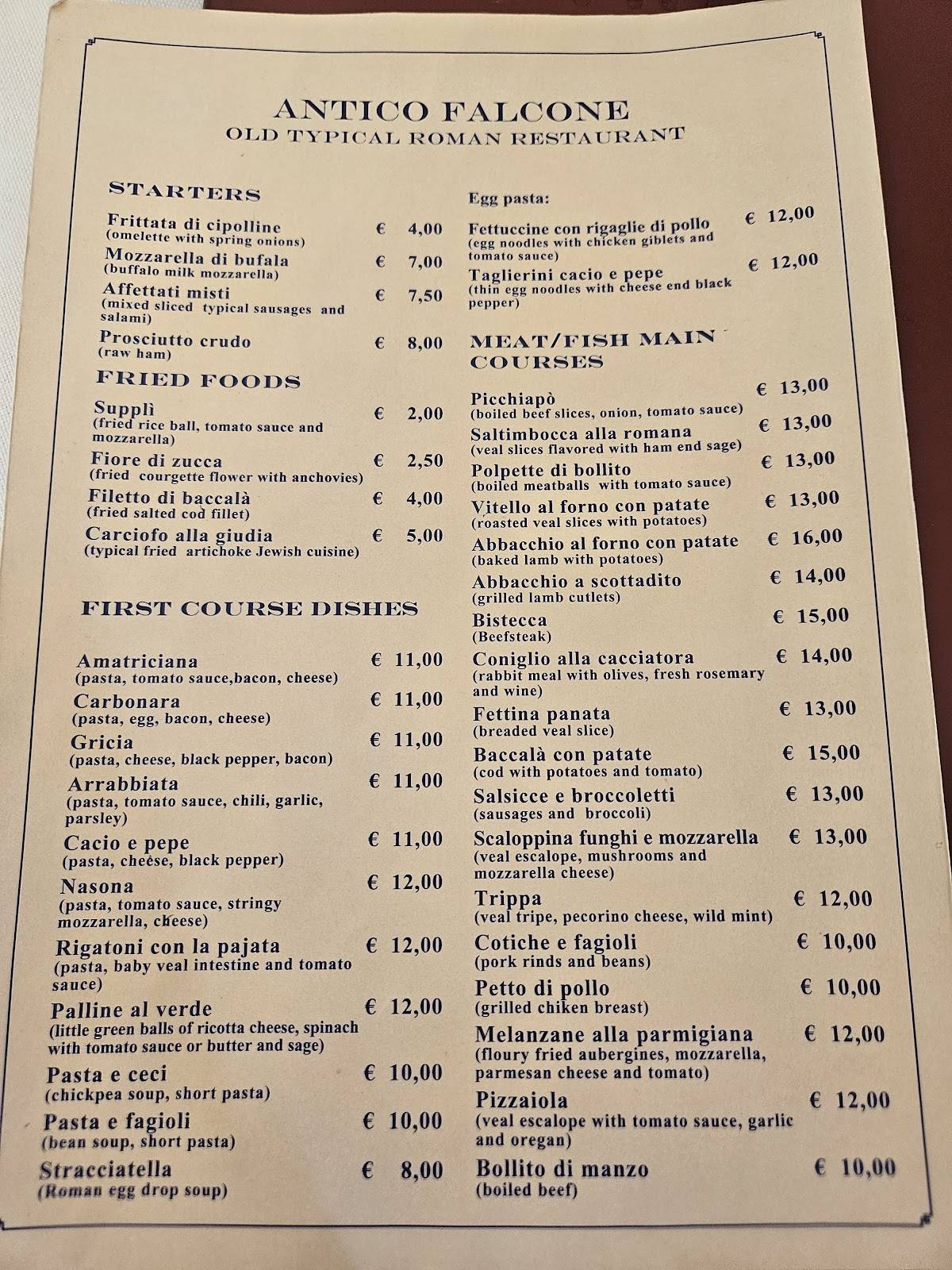Menu di Trattoria Antico Falcone 