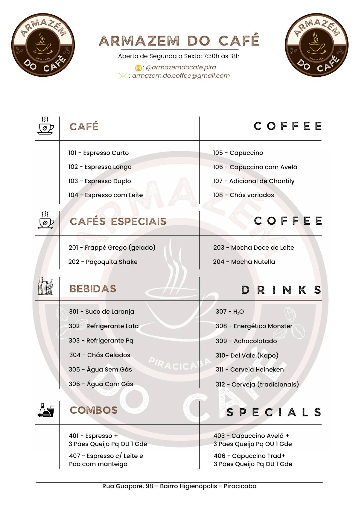 Armazém do Café Piracicaba cardápio