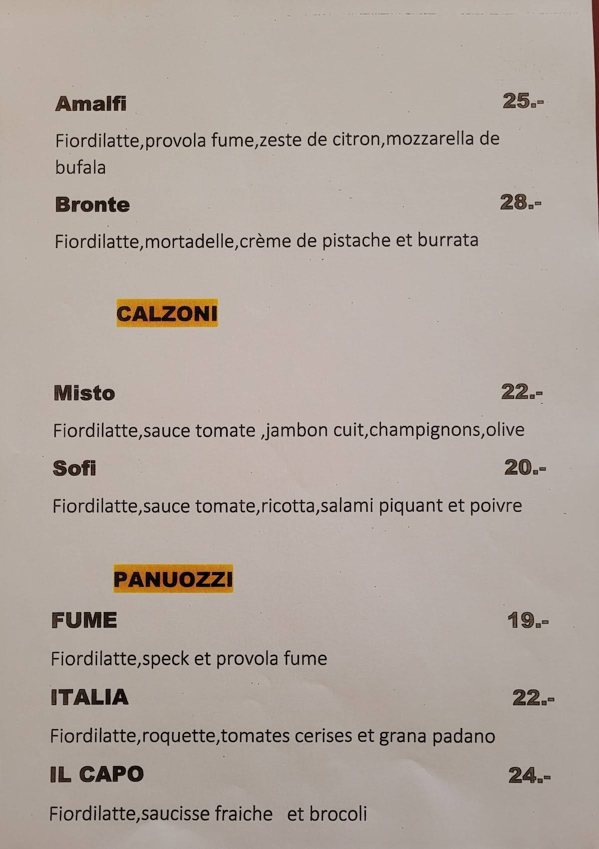 Menu da Artisti Pizza & Brace, Conthey