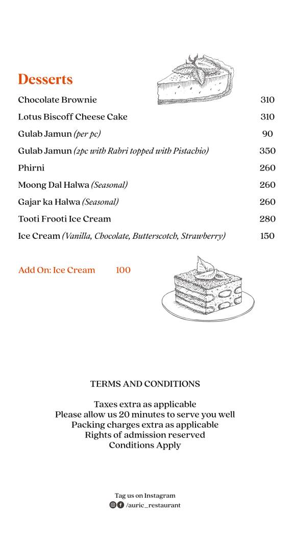 Auric Restaurant & Rooftop Cafe menu