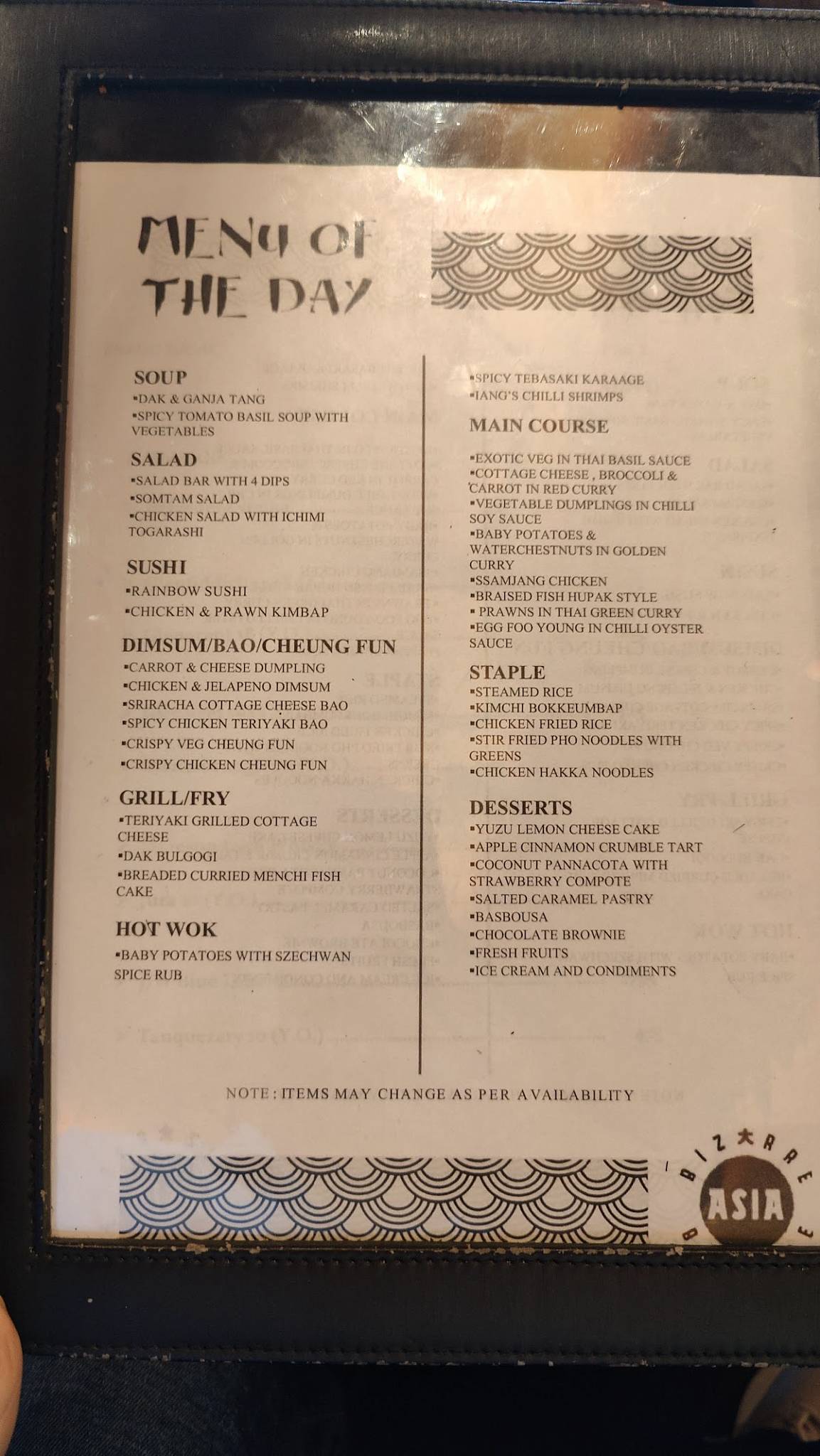 BIZARRE ASIA menu