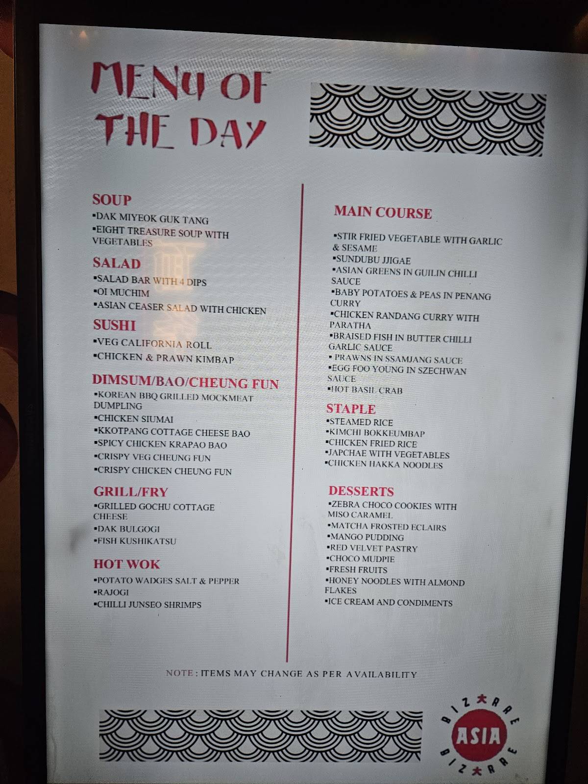 BIZARRE ASIA menu