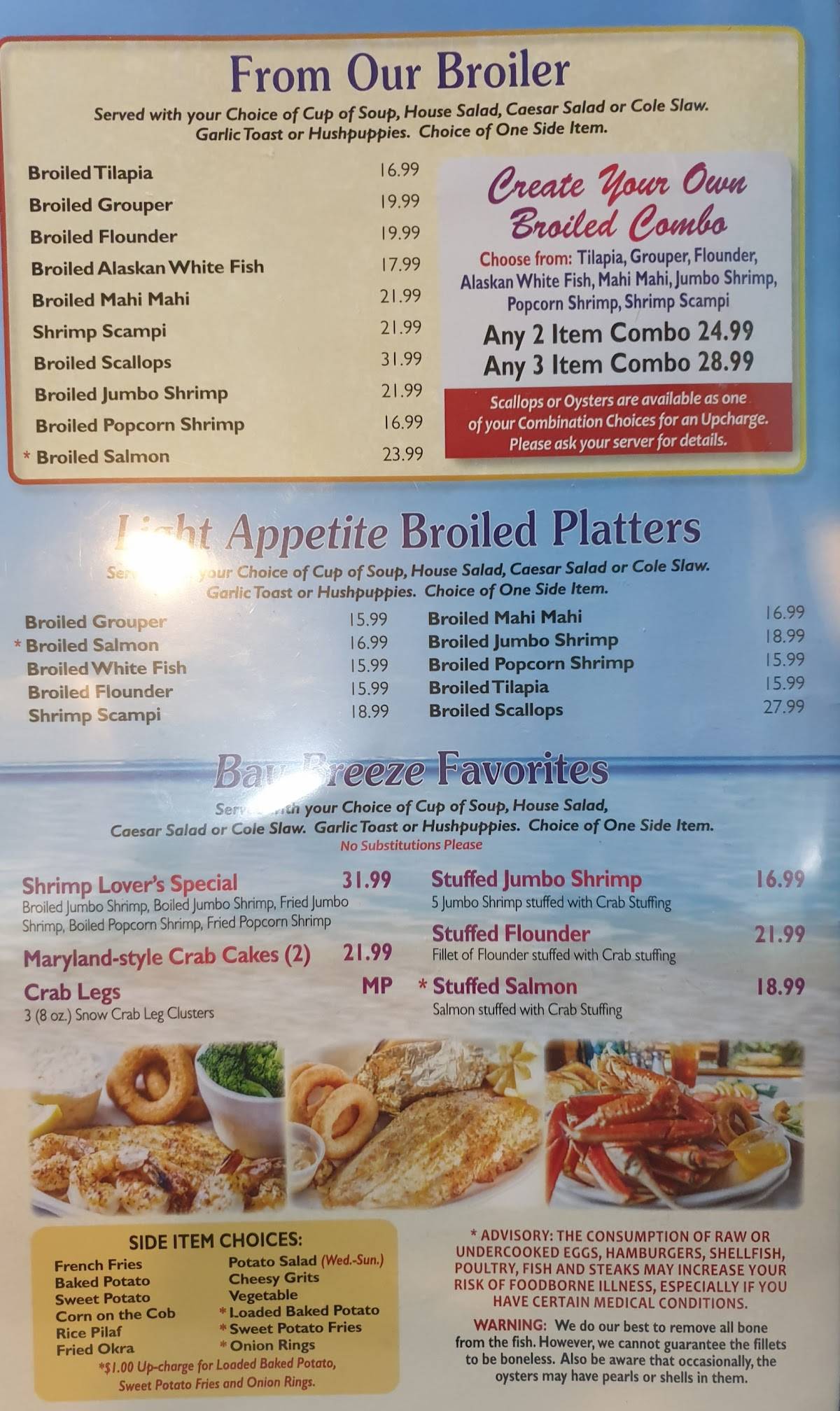 Menu at Bay Breeze Seafood restaurant, Hendersonville