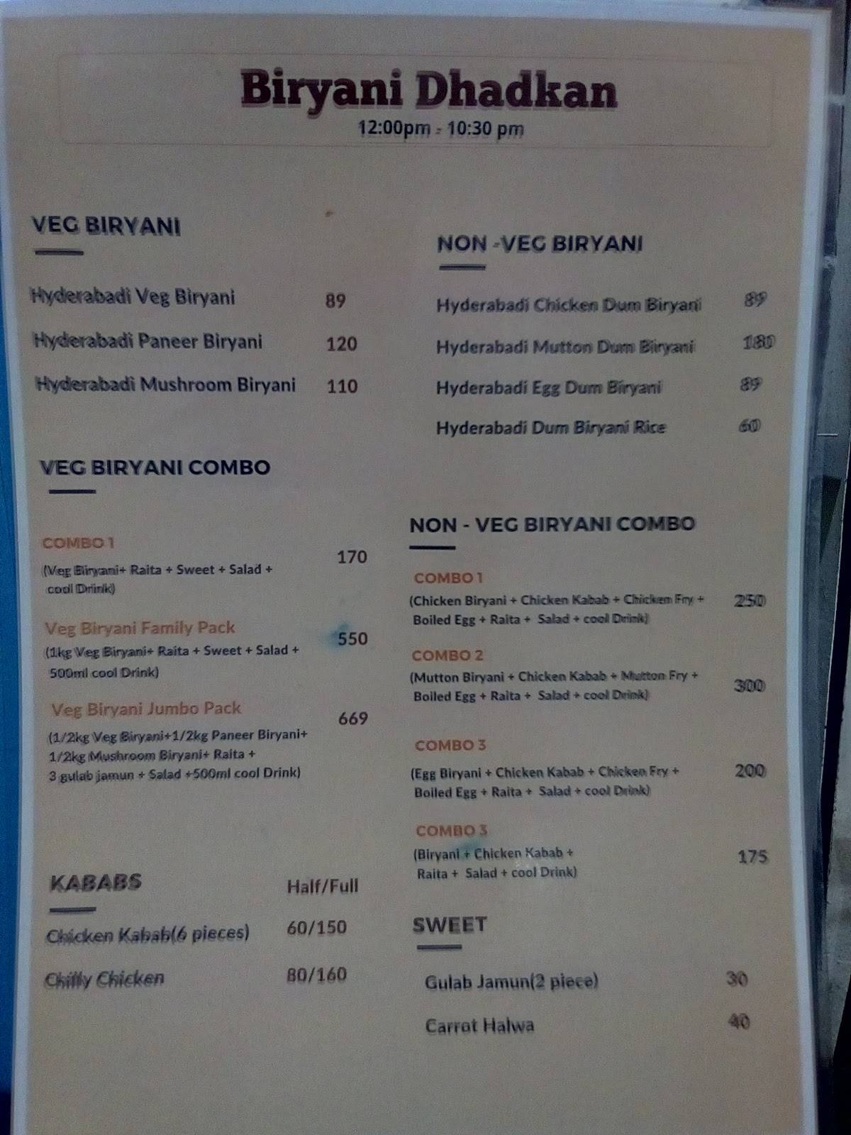 Biryani Dhadkan menu