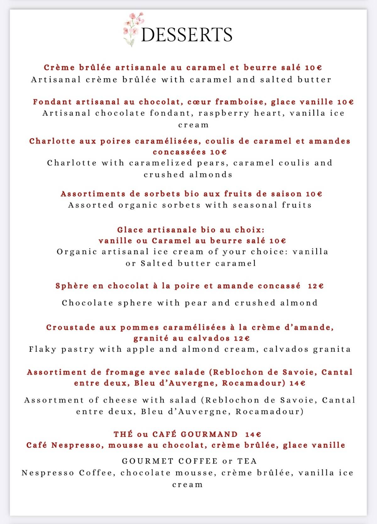 Menu de Bistrot de l’Oulette