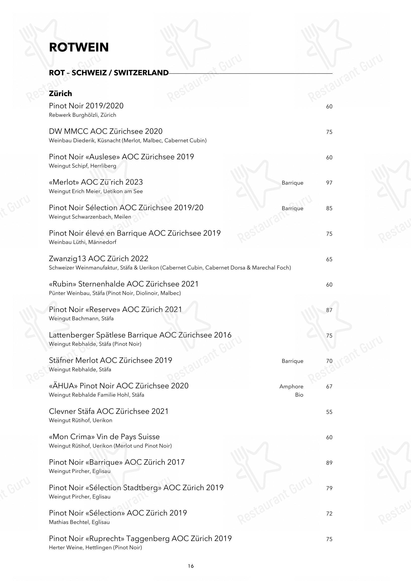 Blaue Ente in Zurigo - Основное меню