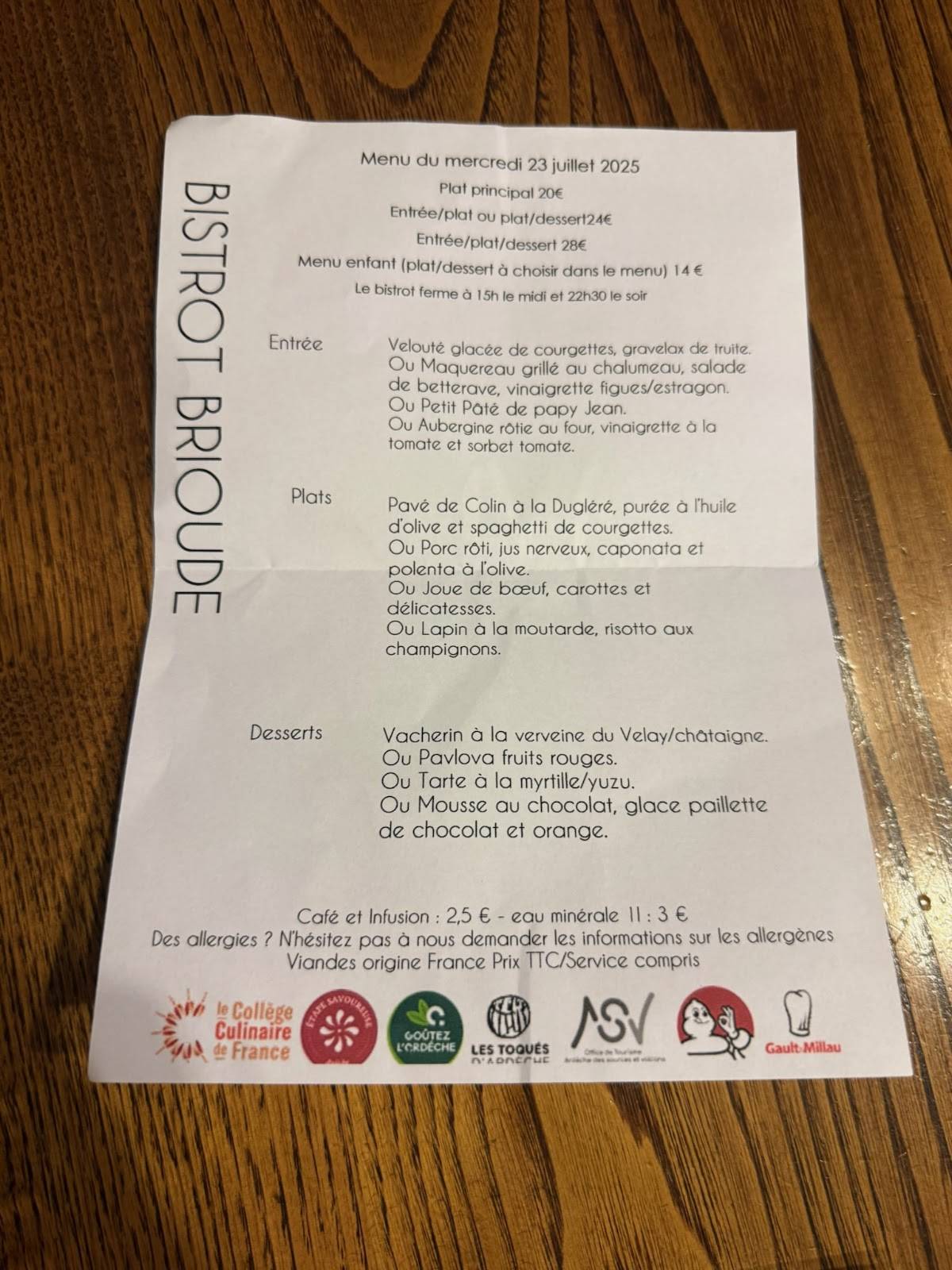 Menu de Restaurant Brioude