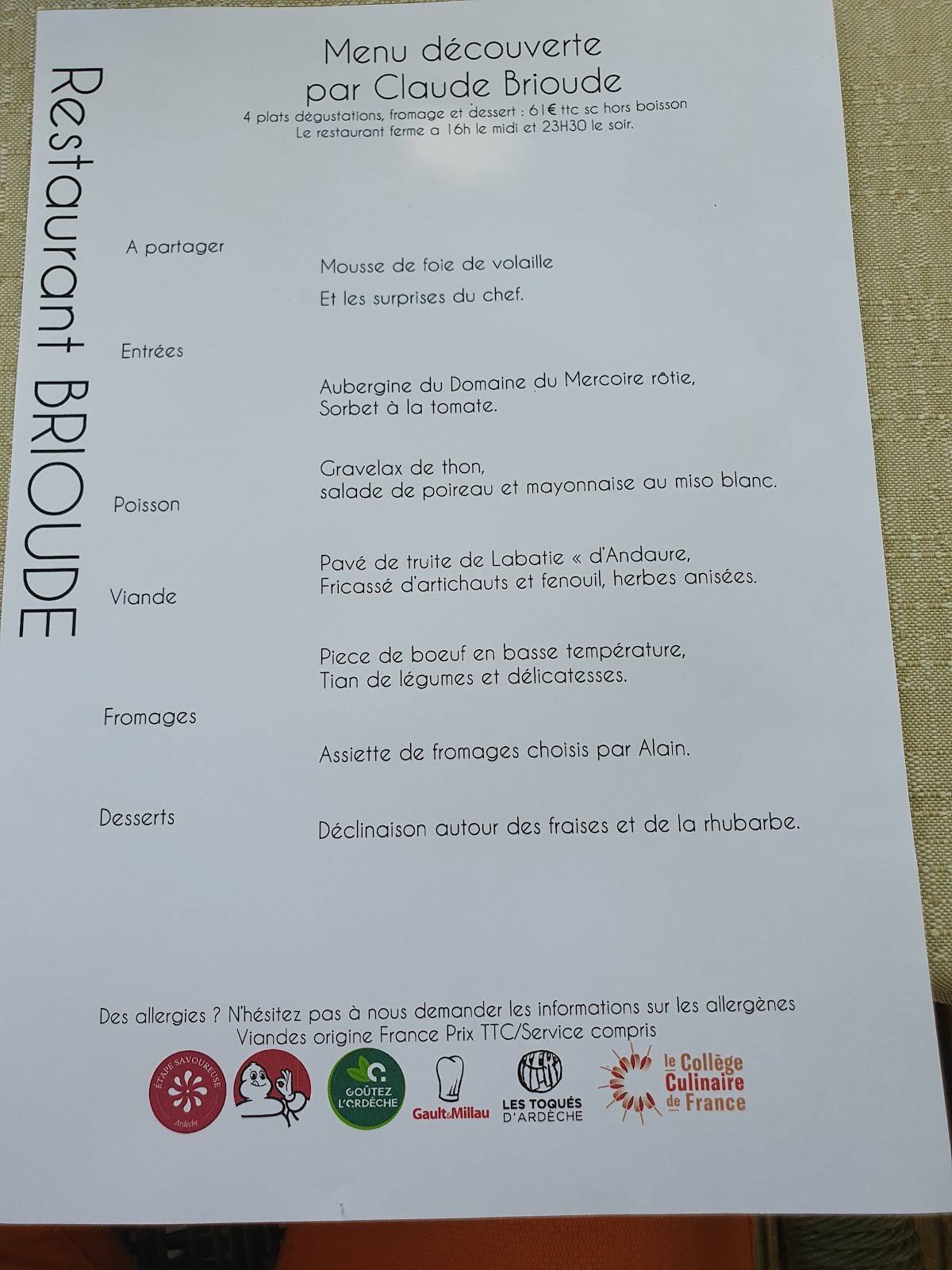Menu de Restaurant Brioude