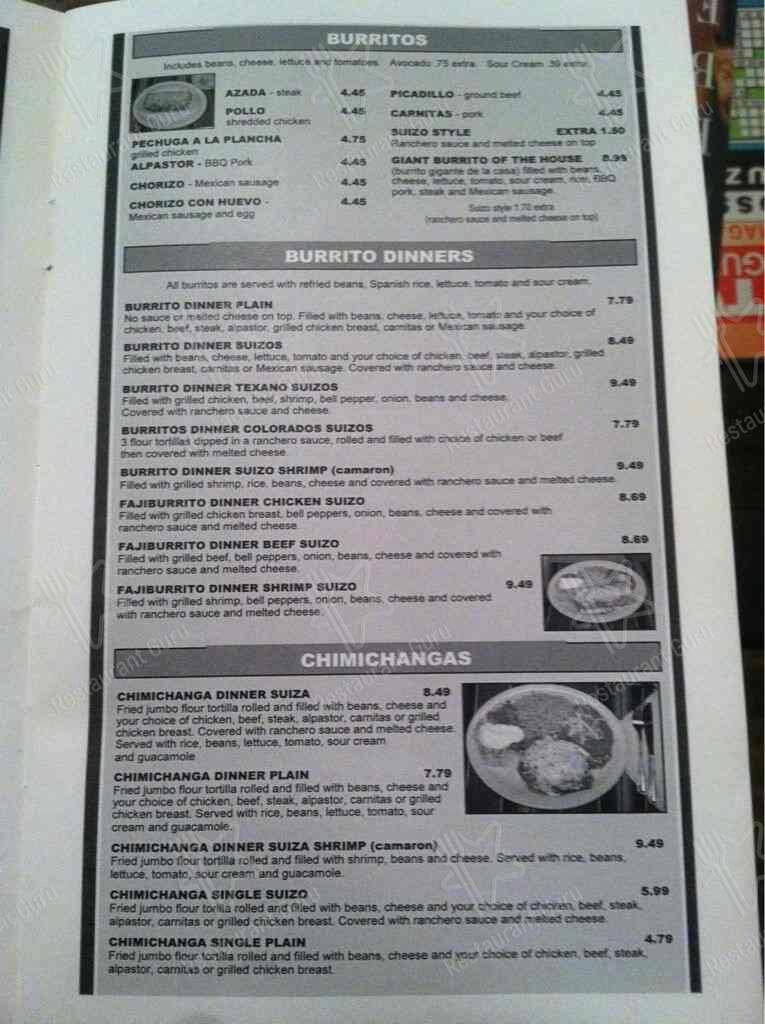 Menu at Burrito Brothers restaurant, Asheboro