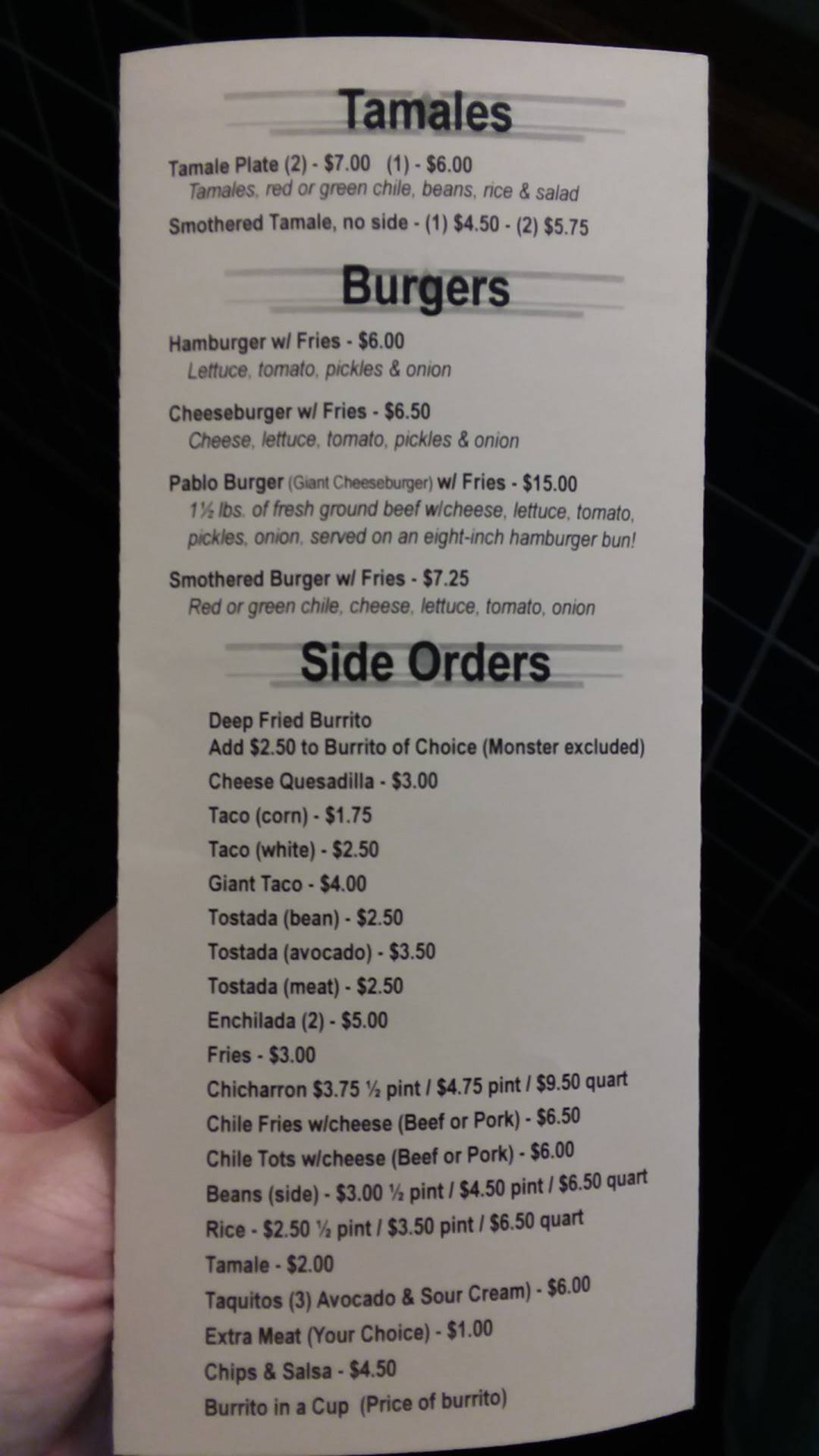Menu at Burrito's Betty restaurant, Pueblo