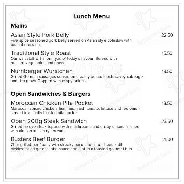 Menu at Buster Crabb restaurant, Invercargill