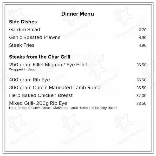 Menu at Buster Crabb restaurant, Invercargill