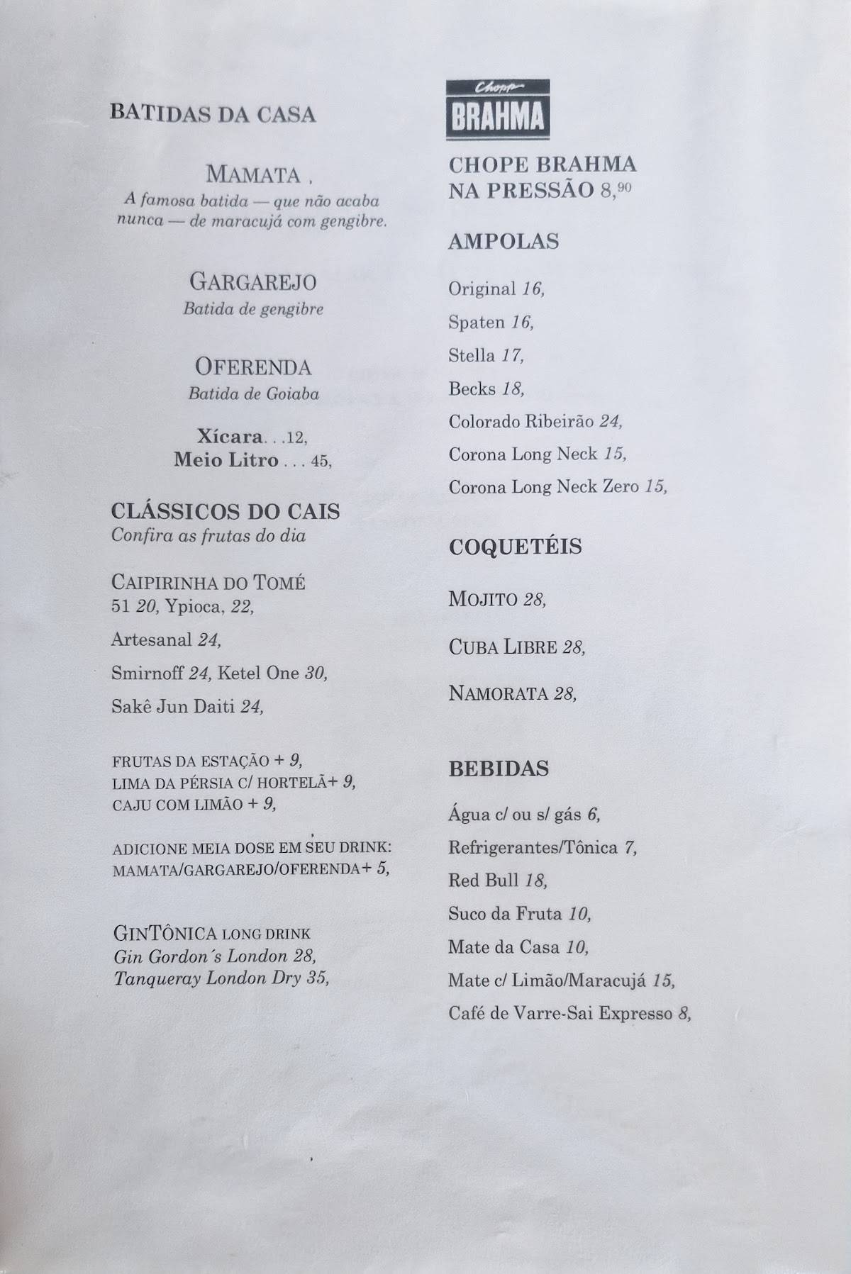 Casa Porto cardápio