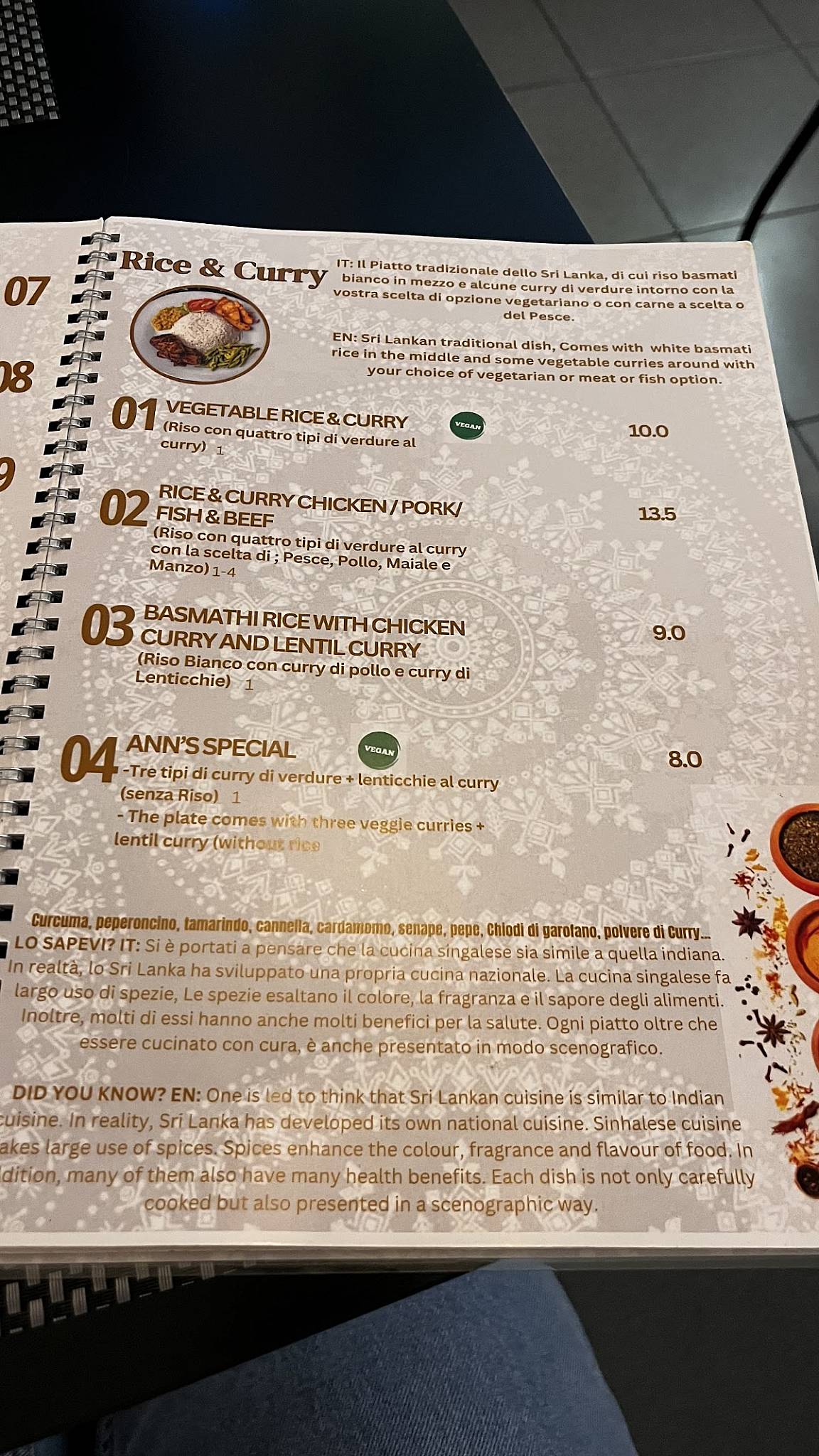 Menu de Ceylon Restaurant Sri Lankan & Indian Cuisine Milano Piazza Firenze