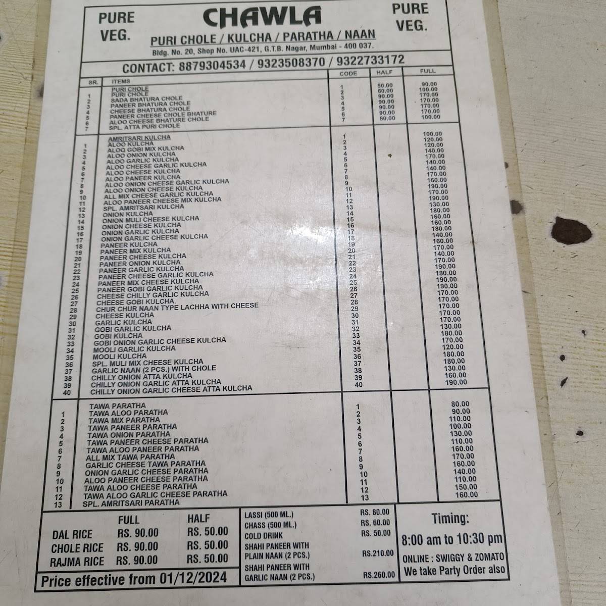 Chawla Fast Food & Snacks menu