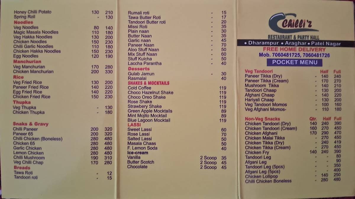Chilli'z Premium Restaurant and Party Hall menu