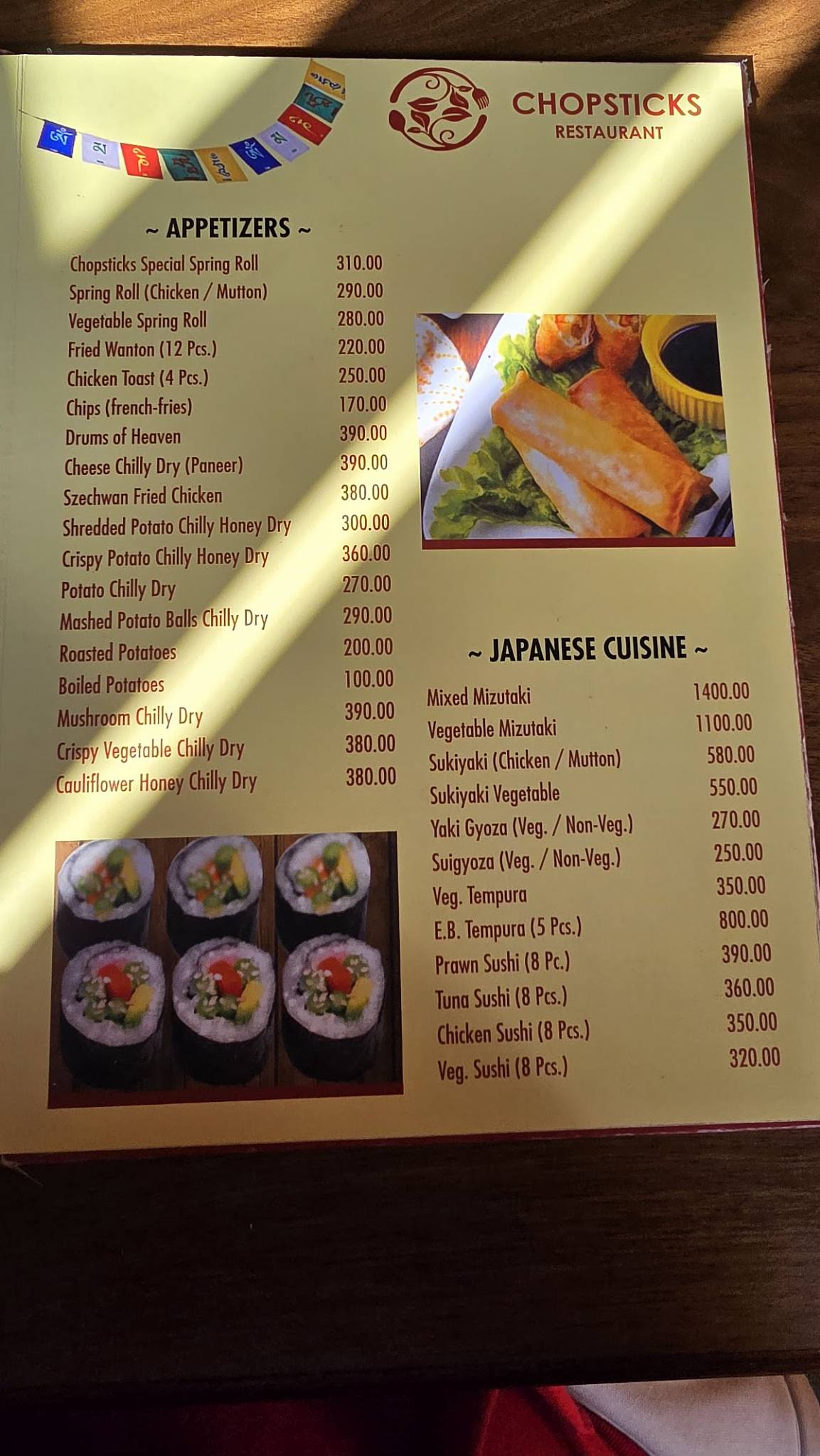 Chopsticks Restaurant menu