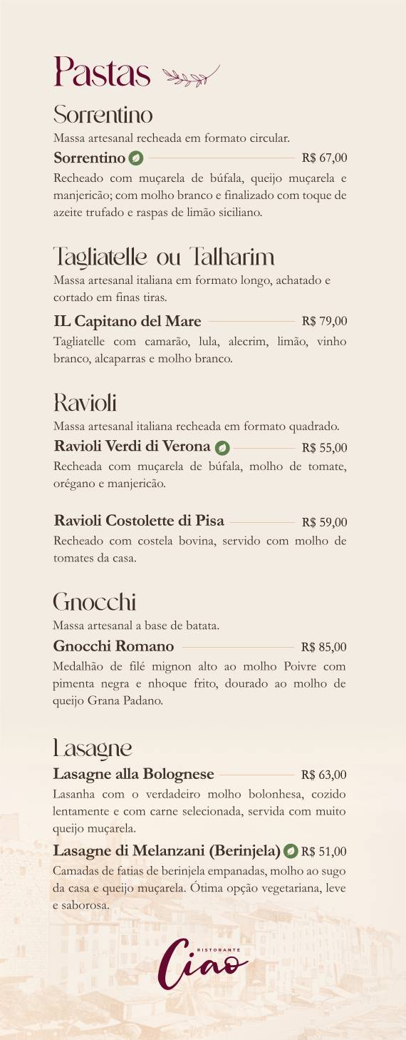 Ciao Ristorante cardápio