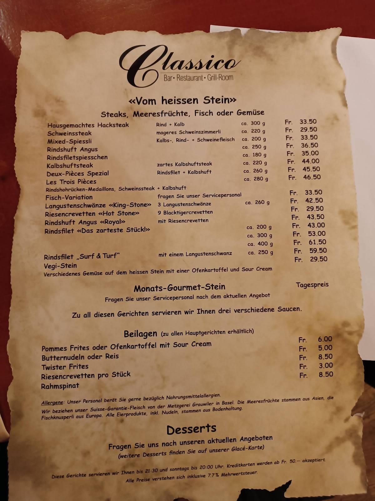Menu di Restaurant Classico-steakhouse 