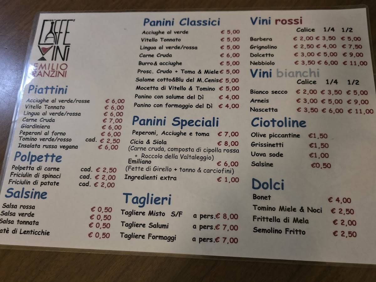 Menu di Caffè Vini Emilio Ranzini 