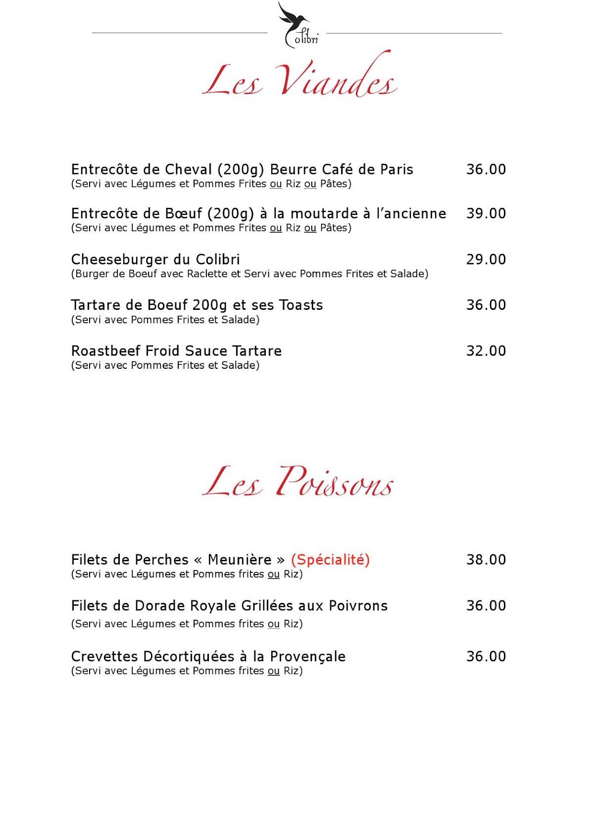 Menu di Restaurant Colibri 