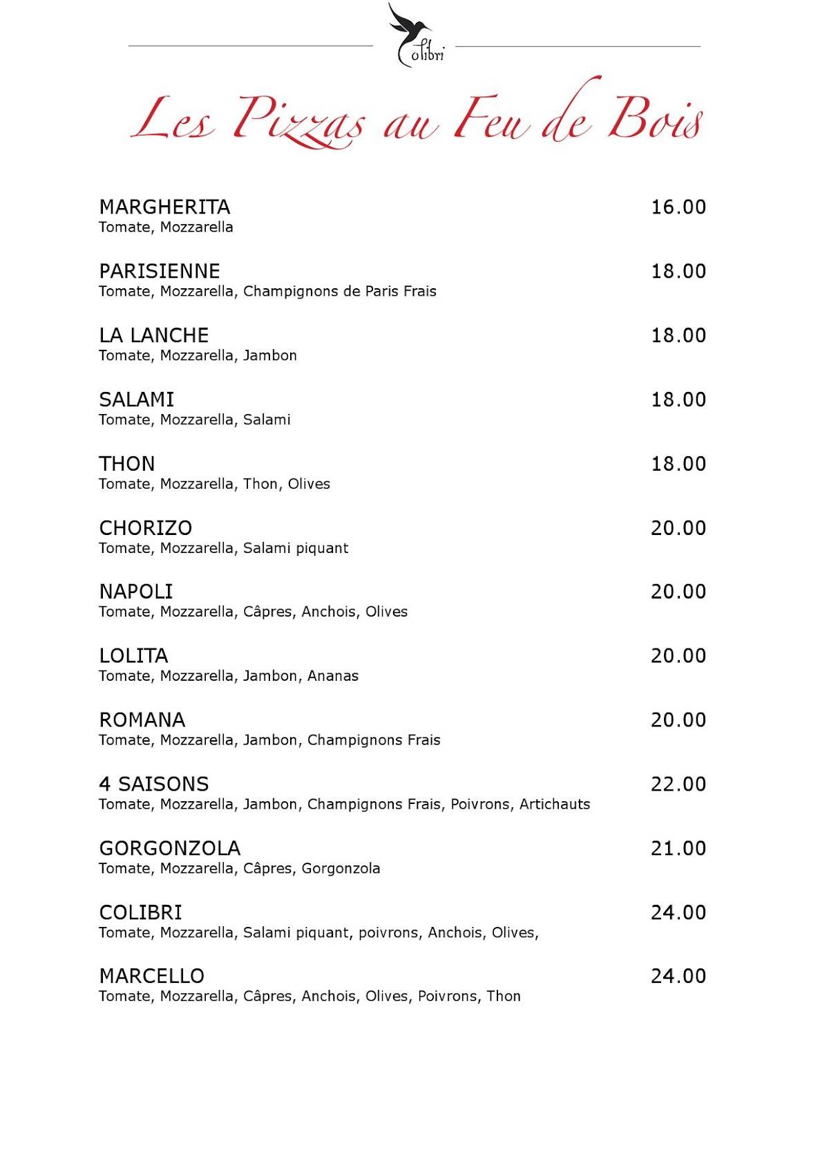 Menu di Restaurant Colibri 