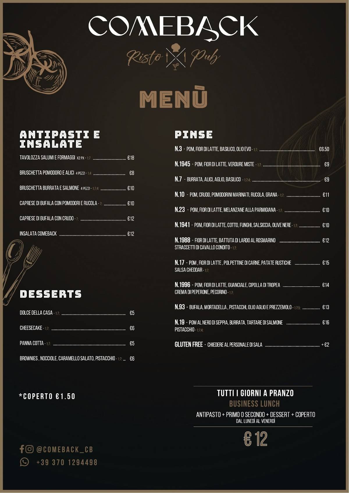 Menu di Comeback Risto Pub 