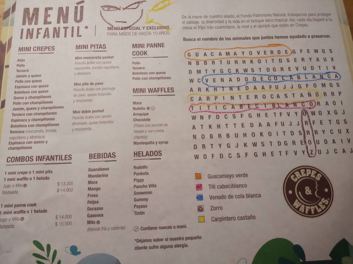 Carta del restaurante Crepes & Waffles Centro Comercial Bazaar, Chía