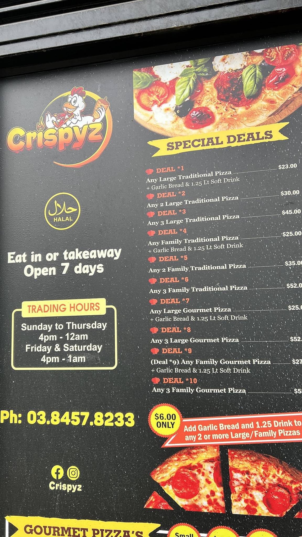 Menu at Crispyz restaurant, Mill Park