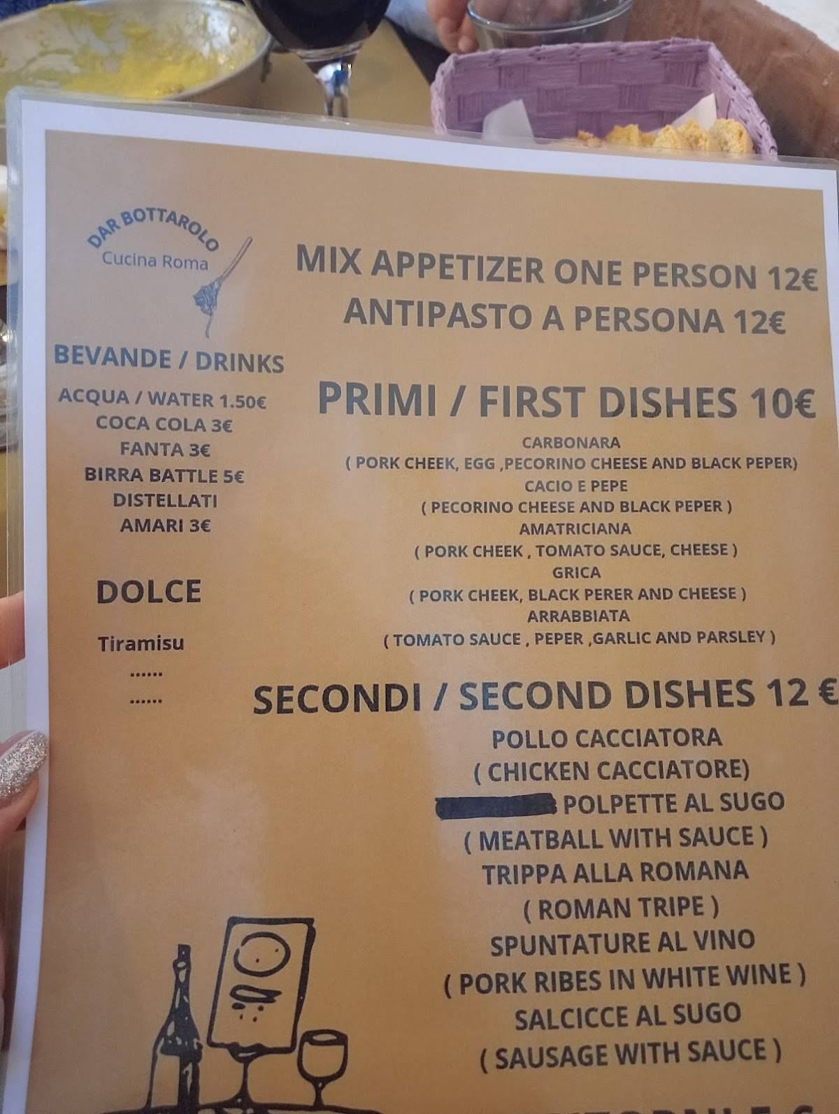 Menu di Dar Bottarolo Trastevere 