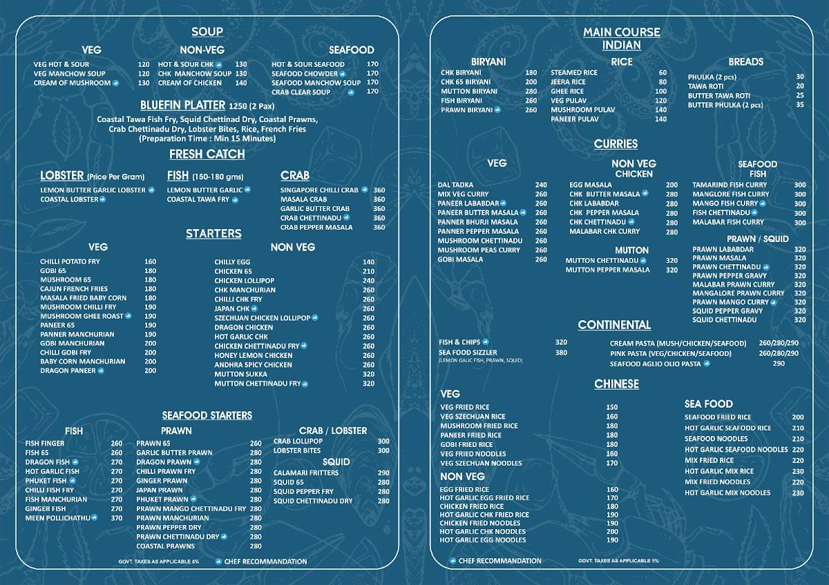 De Bluefin Seafood Multicuisine Restaurant menu