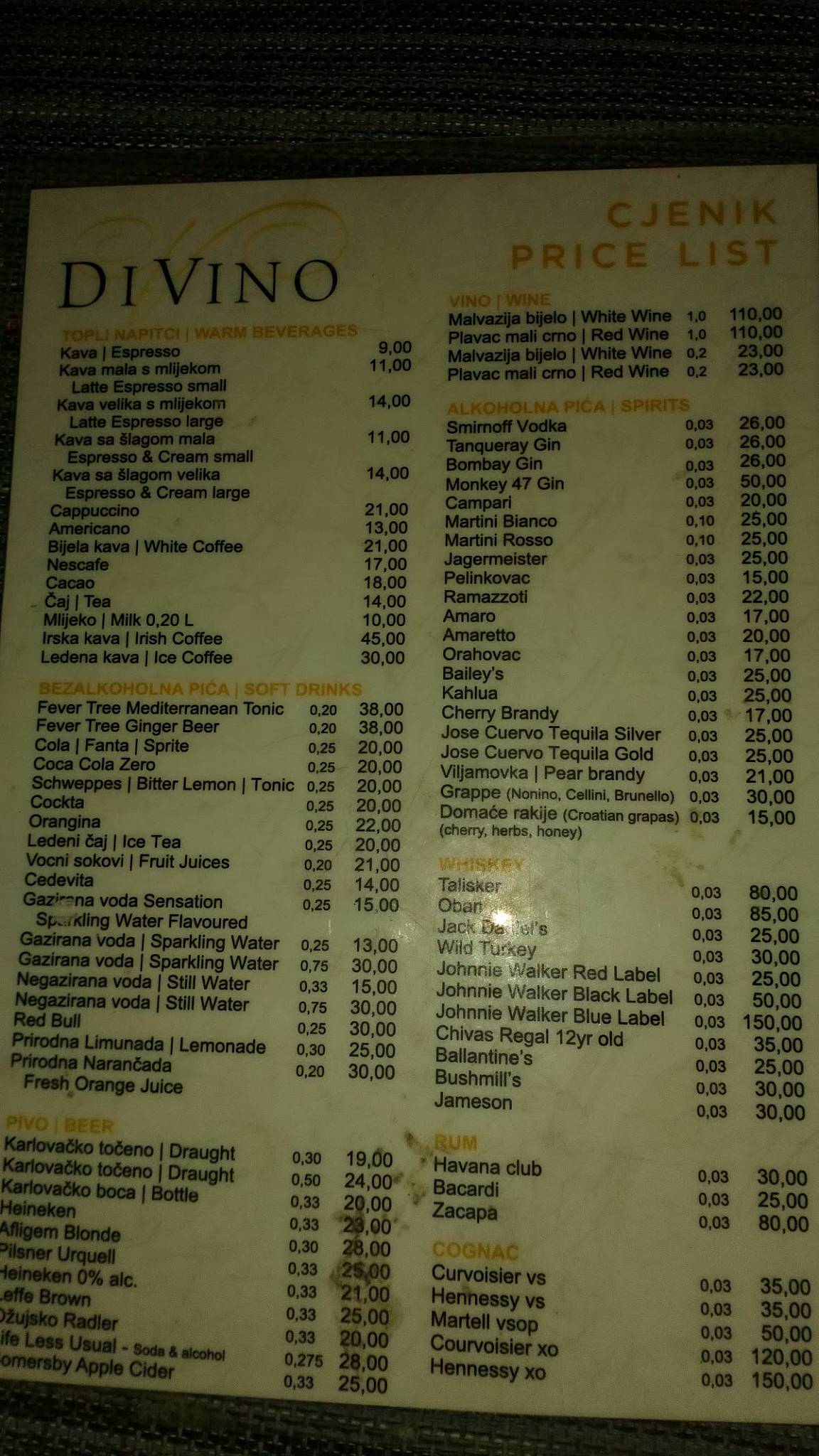 Menu di Restaurant DiVino 