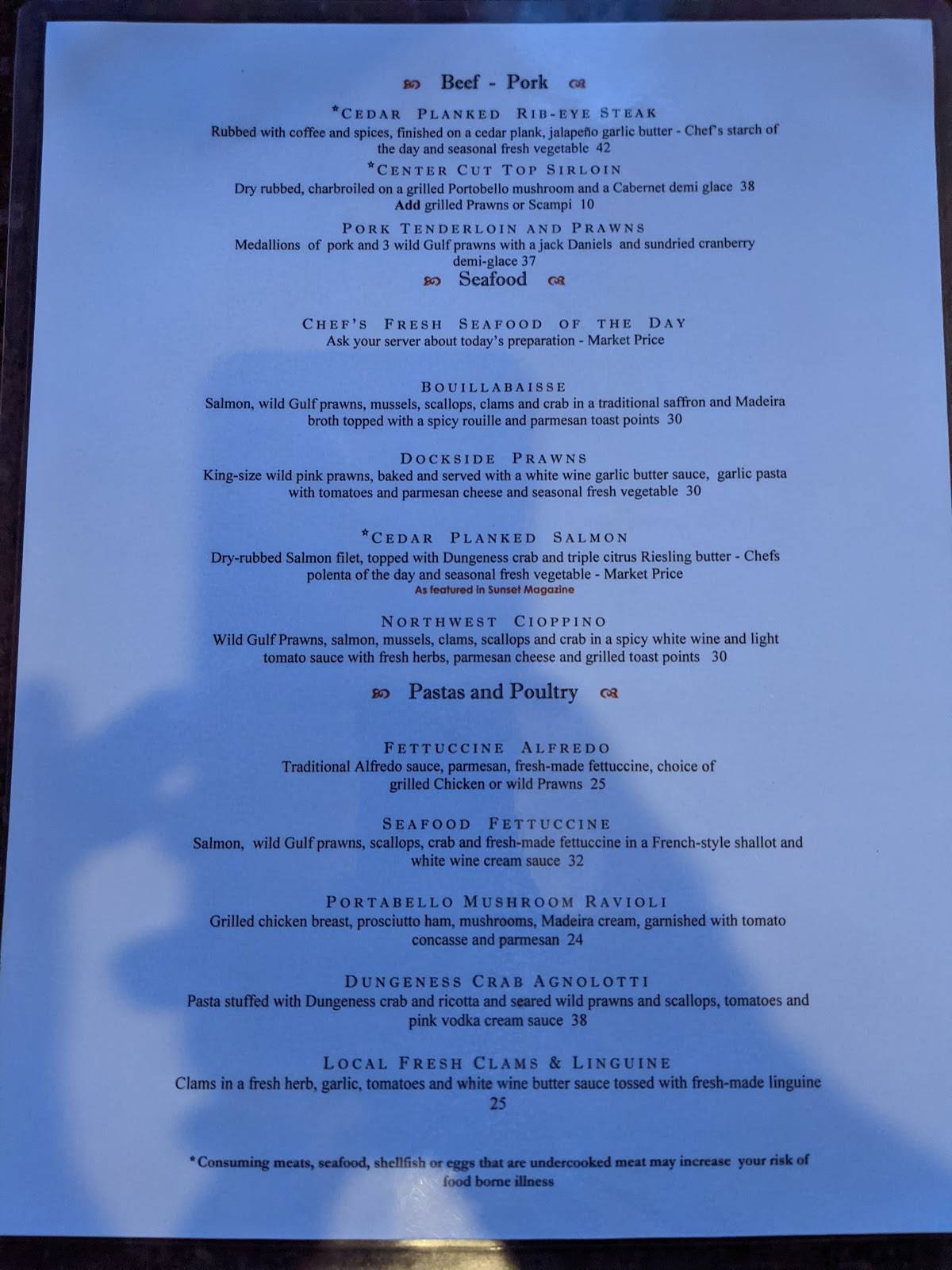 Menu at Dockside Grill steakhouse, Sequim