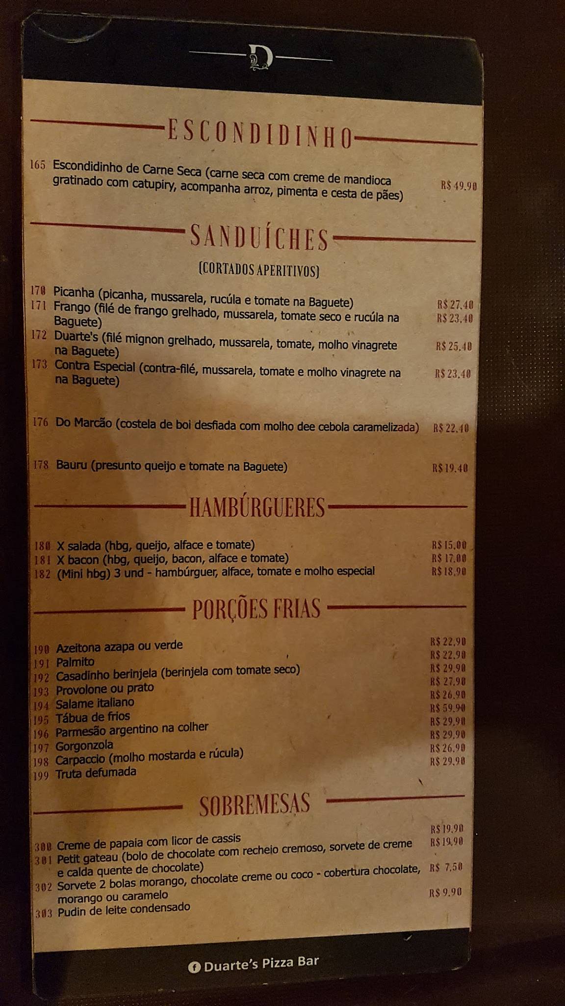 Duarte's Pizza Bar cardápio