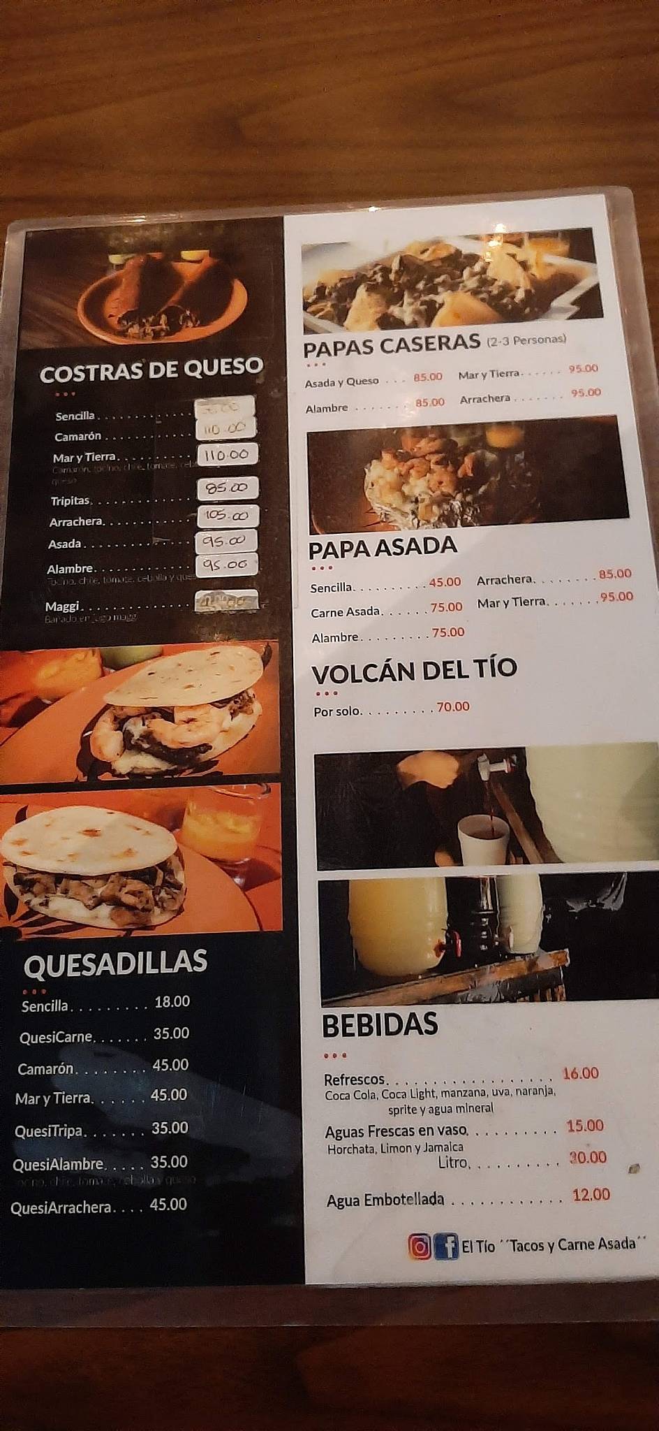 Carta del restaurante El "Tío" Tacos y carne asada, Chihuahua